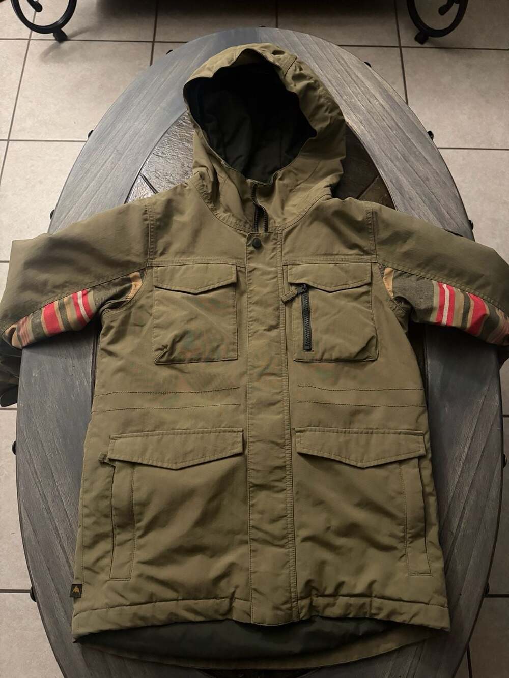 Burton Olive Green Snowboard Jacket with Striped Sleeves kids size M 10/12